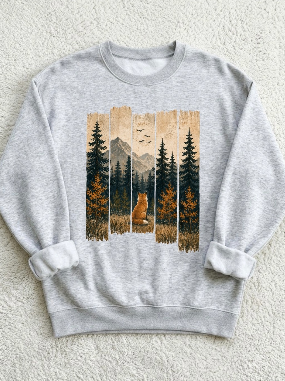 Red Fox Pine Forest Mountain Grey Nature Aesthetic Gildan Sweatshirt